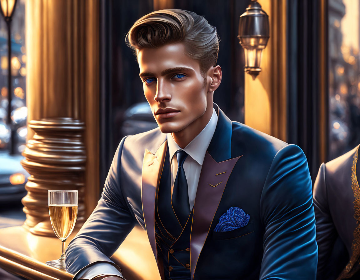 Stylized portrait of suave blonde man in blue suit at bar