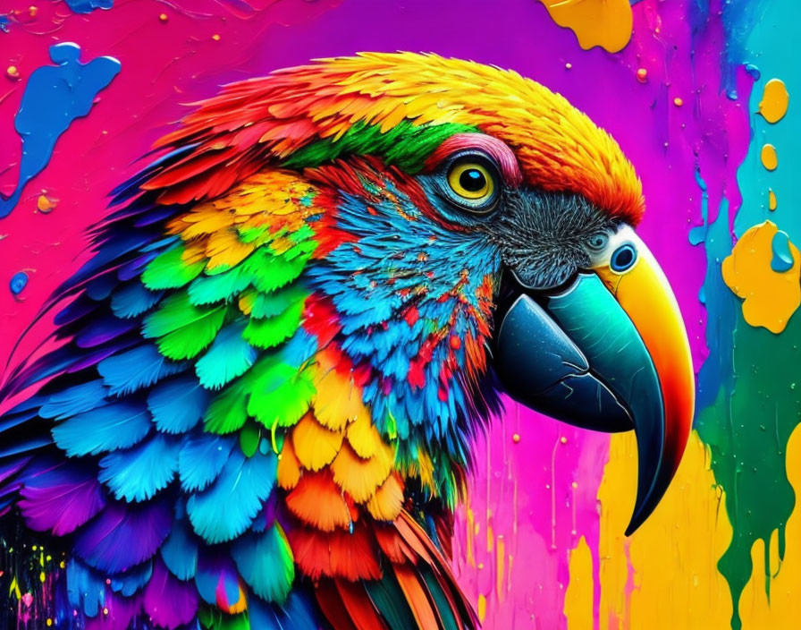 Colorful Parrot Digital Artwork with Rainbow Hues and Paint Splatter Background