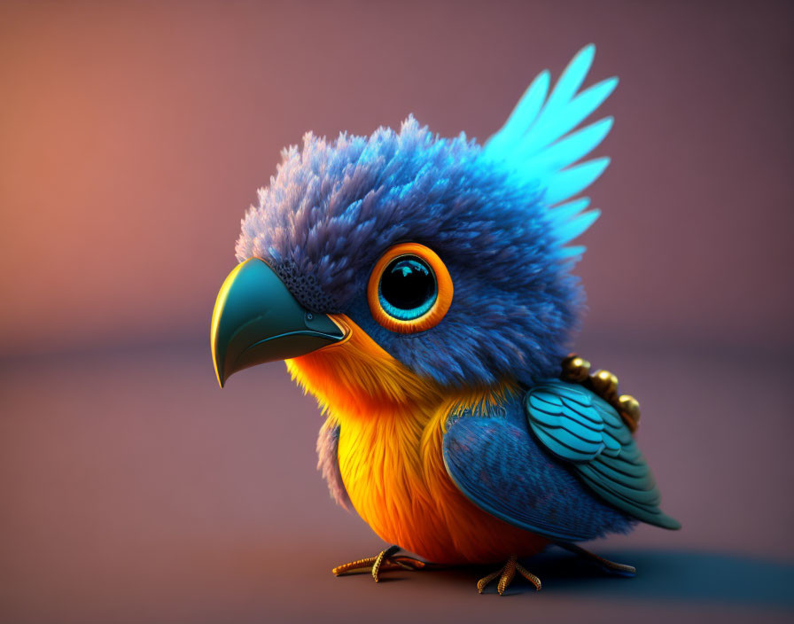 Colorful 3D illustration of a vibrant bird with blue and orange feathers