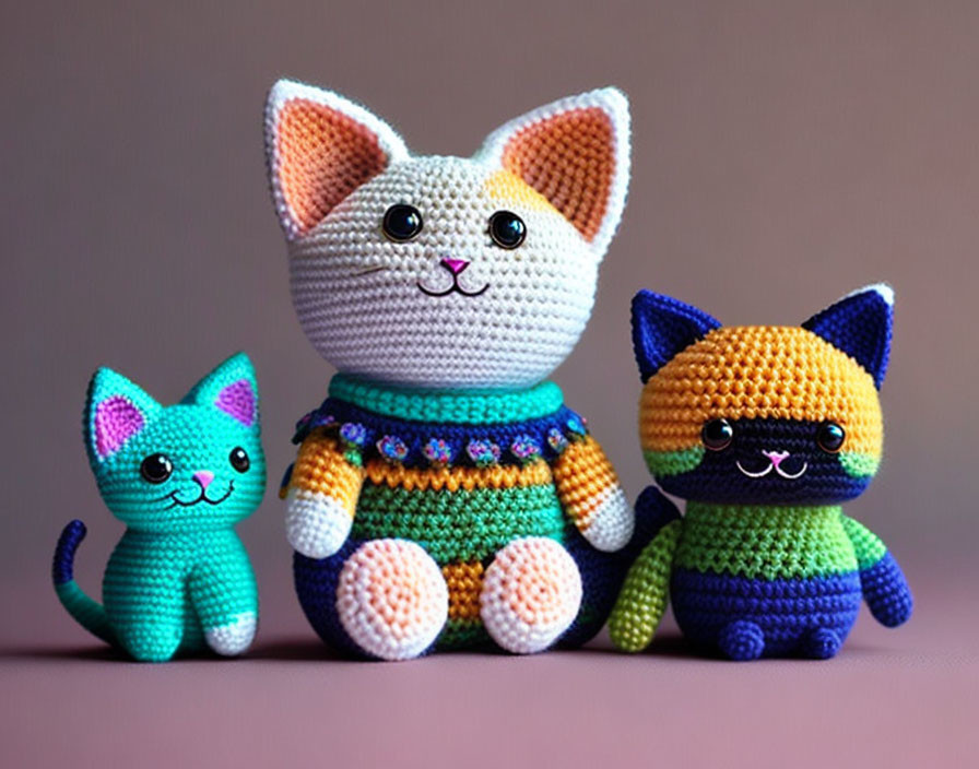 Colorful Crocheted Toy Cats on Purple Background