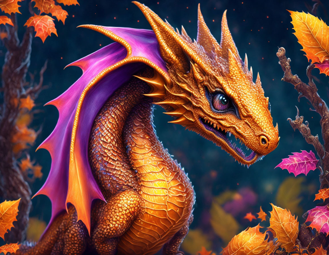 Colorful Orange Dragon in Autumnal Forest with Purple Wings