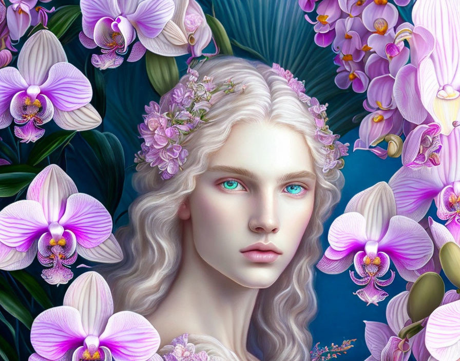 Digital artwork: Pale-skinned woman with blue eyes among purple orchids