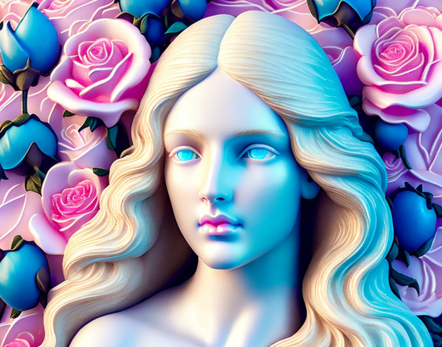 Vibrant 3D illustration of woman with flowing hair and blue eyes among pink and purple roses