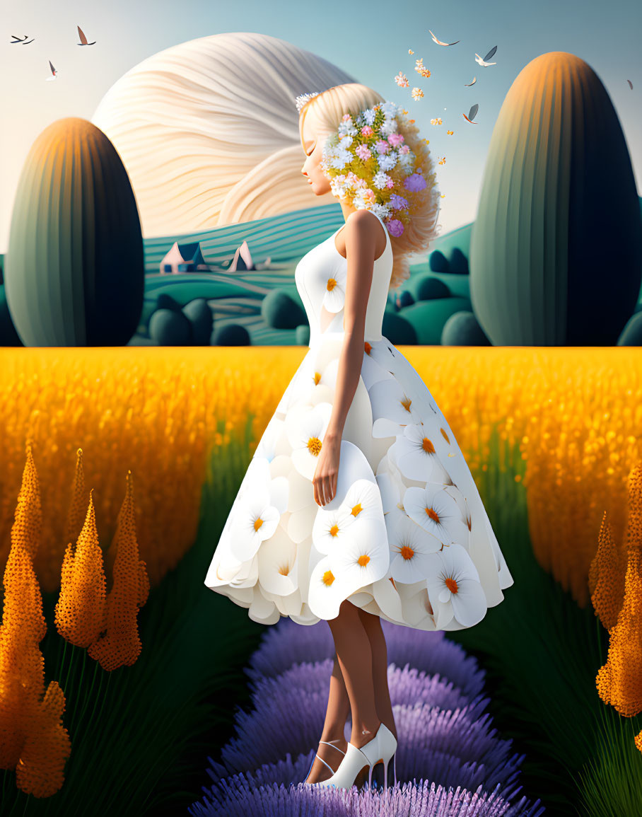 Woman in white floral dress in vibrant field with oversized flowers and large planet.