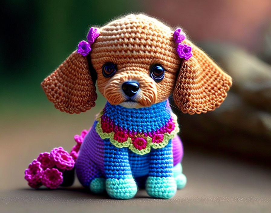 Colorful Crocheted Toy Dog in Blue and Purple Outfit