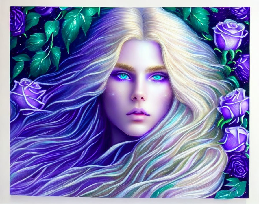 Illustrated portrait of a person with silver hair, blue eyes, surrounded by purple roses and green leaves