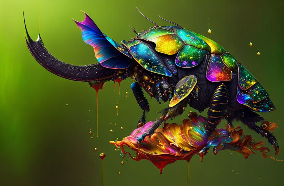 Colorful iridescent beetle melting into liquid droplets on green background