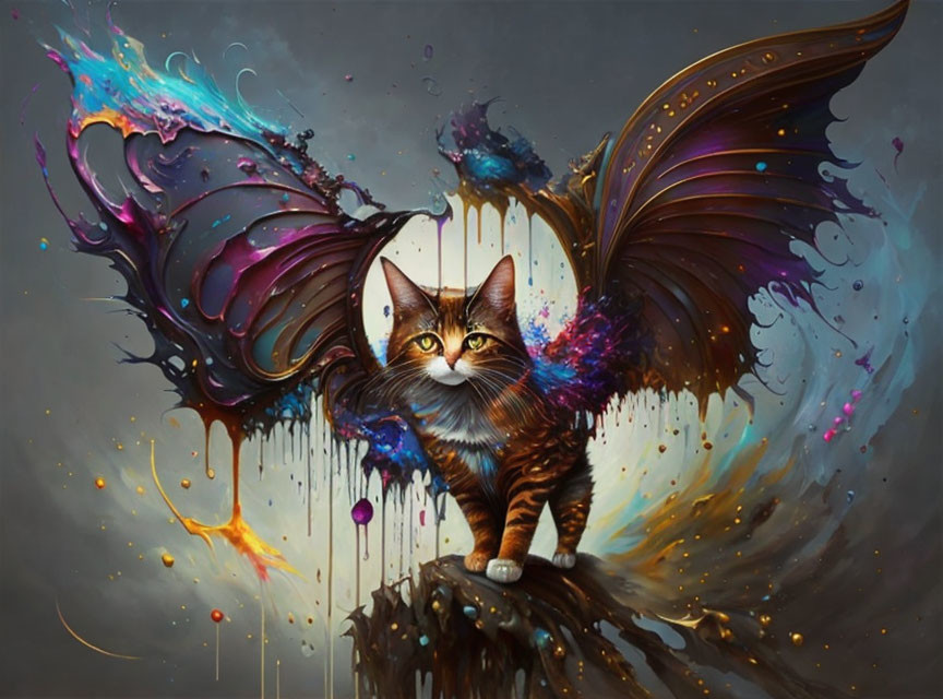 Colorful Tabby Cat with Butterfly Wings on Wooden Stump in Vibrant Painting