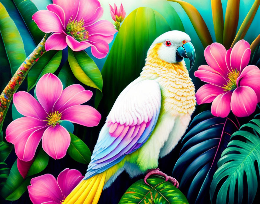 Colorful Parrot Amid Pink Flowers and Green Foliage