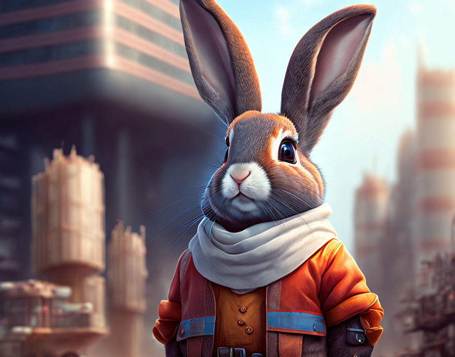 Anthropomorphic rabbit in orange jacket and scarf against urban backdrop