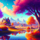 Colorful Trees, Reflective Lake, Quaint Houses: Vibrant Fantasy Landscape