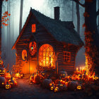 Twilight forest cottage with Halloween decorations and glowing pumpkins