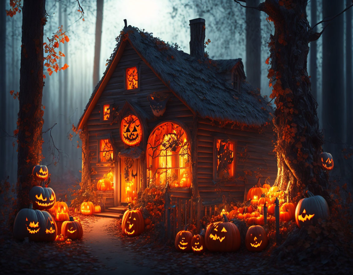 Twilight forest cottage with Halloween decorations and glowing pumpkins