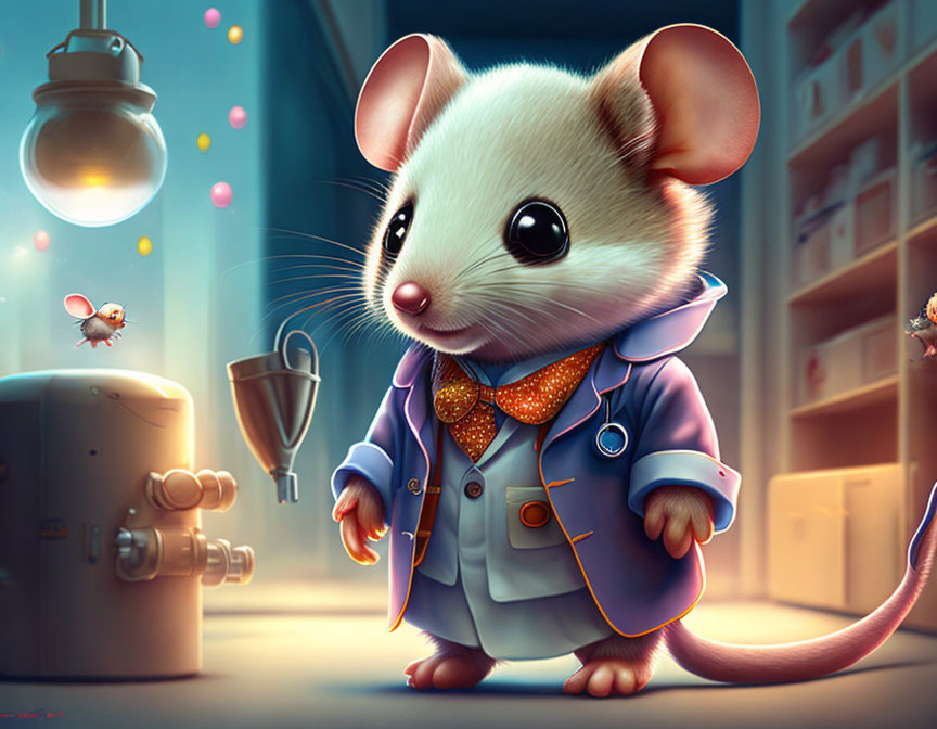 Anthropomorphic mouse in coat and tie surrounded by tiny mice and sparkles