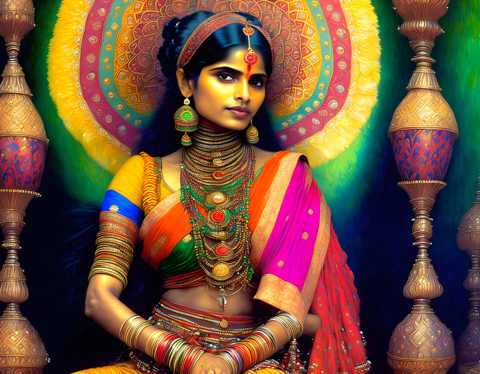 Traditional Indian Attire Woman with Ornate Halo and Decorative Vases