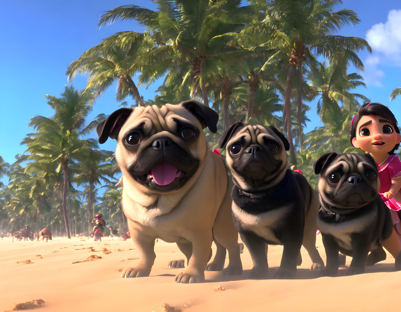 Three animated pugs on sunny beach with girl and palm trees