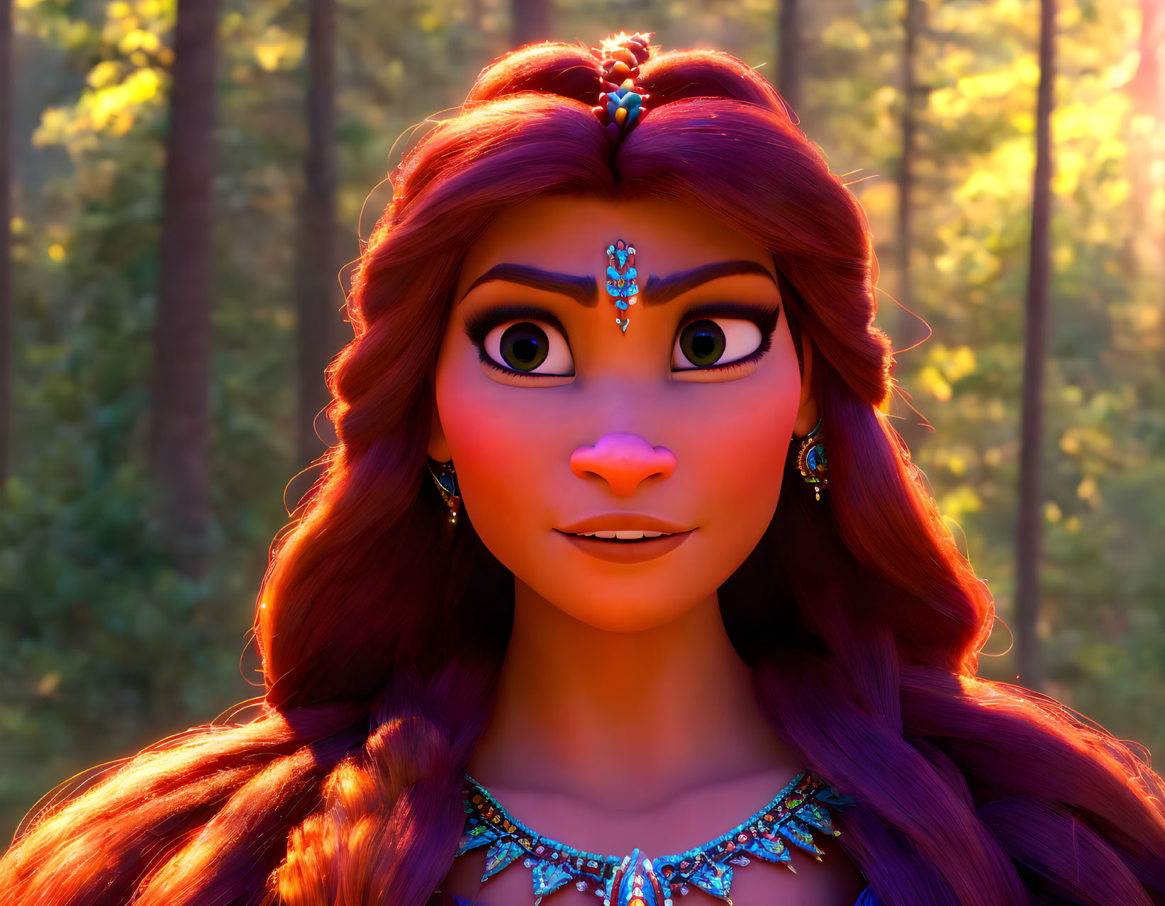 Long-Haired Animated Character Adorned with Jewels in Forest Setting