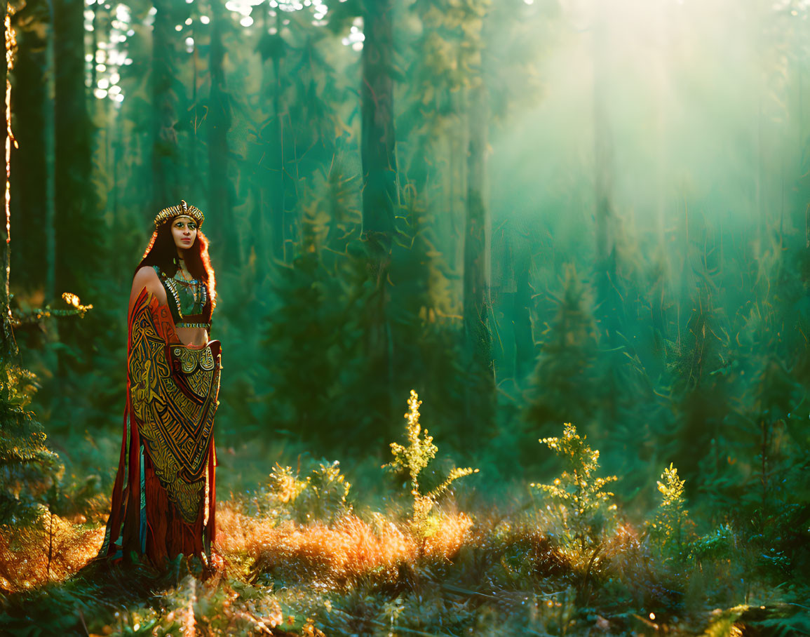 Elaborate medieval-style attire person in mystical forest