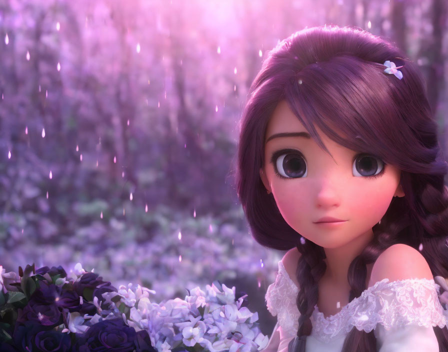 Purple-haired girl with large eyes in animated pensive pose amidst violet flowery backdrop.