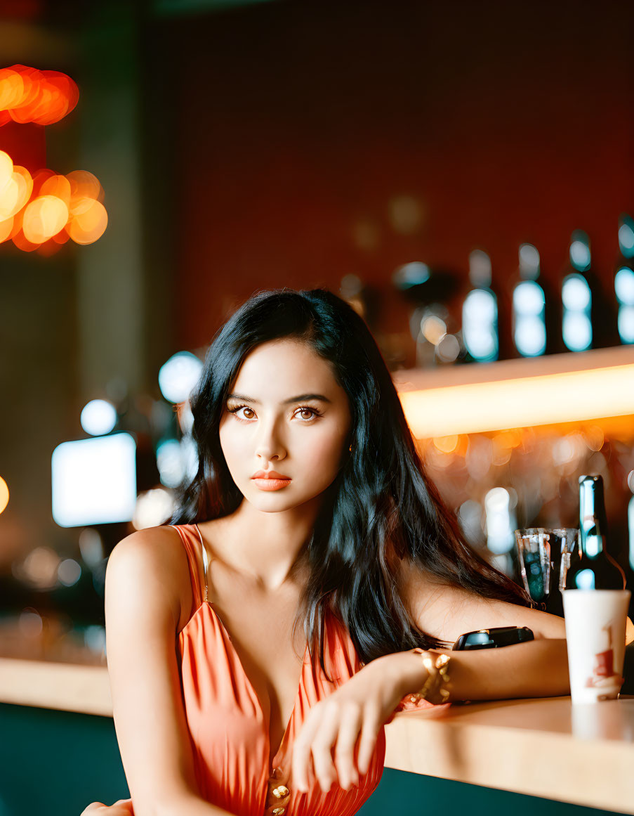 Woman in Orange Dress Resting Chin on Hand at Bar with Bottles