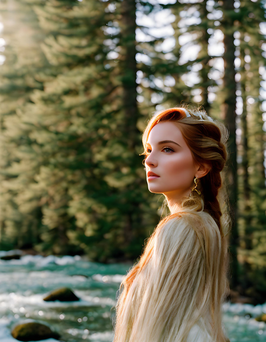 Woman with Crown and Braided Hair in Sunlit Forest by Stream