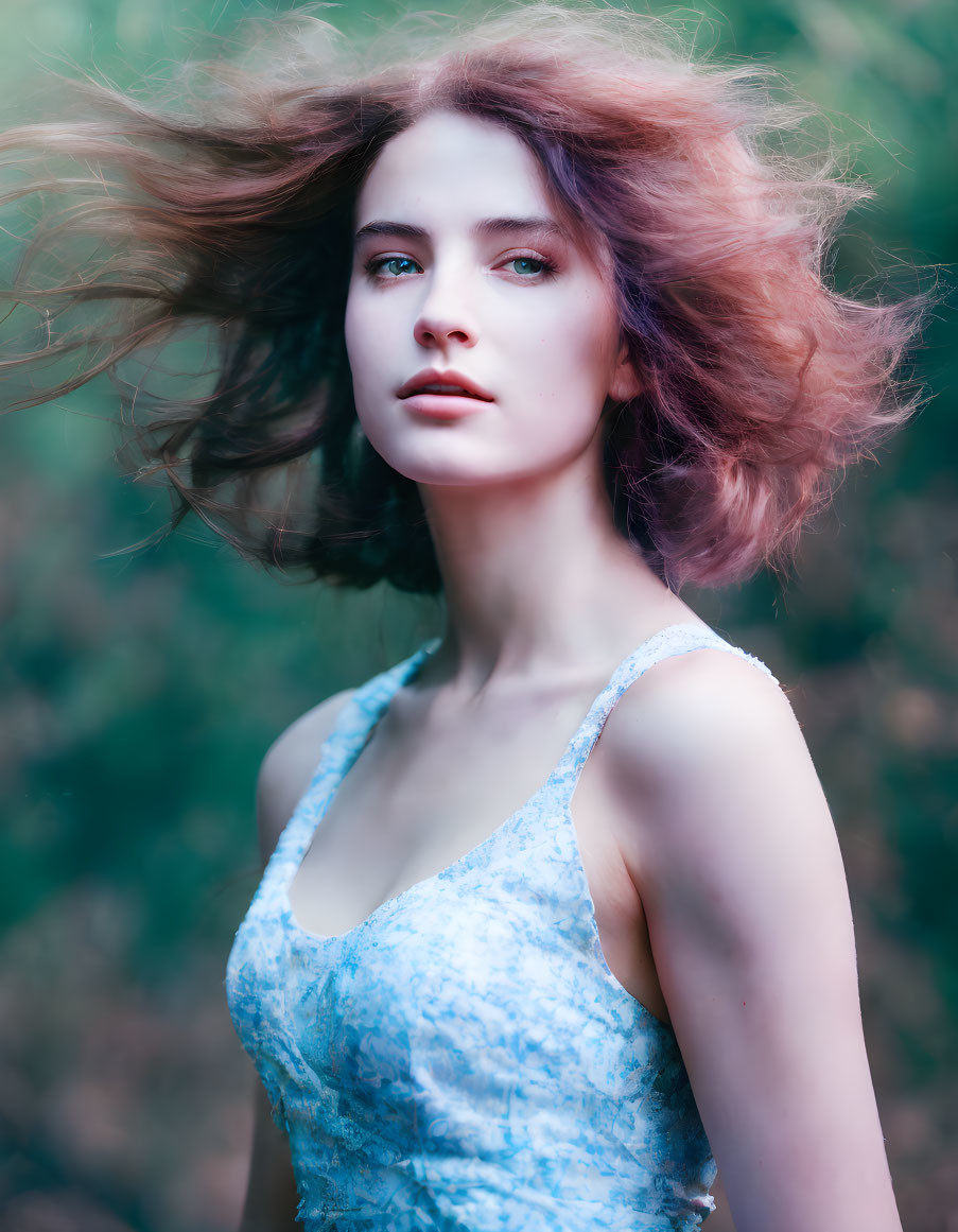 Woman in Blue Dress with Flowing Hair on Blurred Green Background