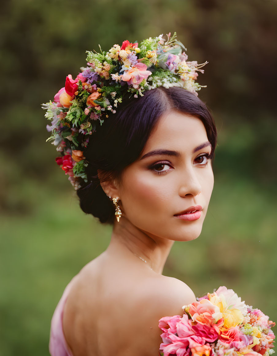 Woman with Floral Crown and Bouquet in Serene Pose Against Green Background