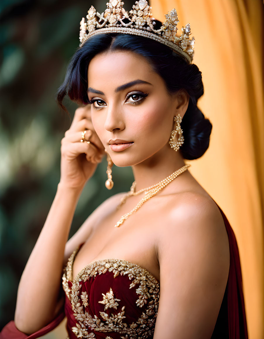 Regal figure in maroon gown with crown and pearls on golden background