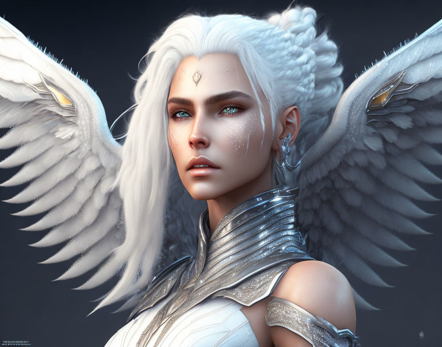 Fantasy digital art: White-haired figure with blue eyes, angel wings, silver armor