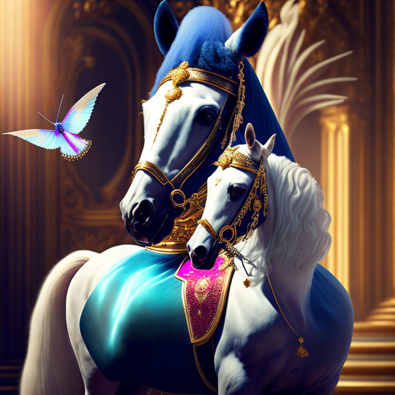 Ornate Blue and Purple Horses with Butterfly in Luxurious Gold Setting