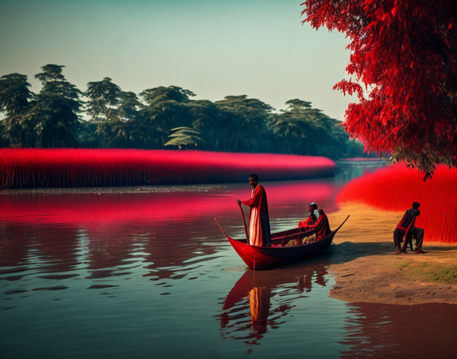 Tranquil river scene with boatman, passengers, lush foliage, and blue sky