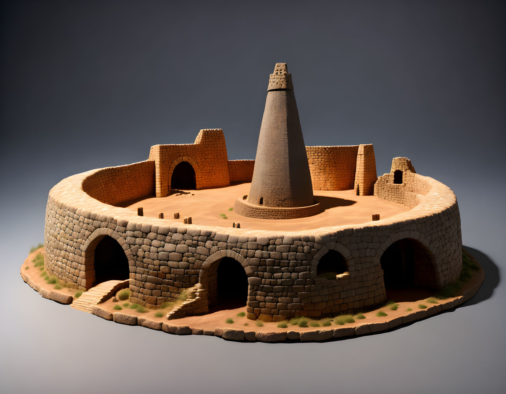 Detailed Ancient Ziggurat Model with Central Tower and Surrounding Walls in Dramatic Lighting