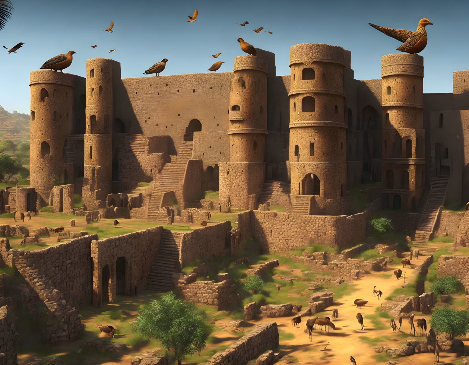 Ancient sandstone fort ruins in desert landscape with towers, birds, and clear sky