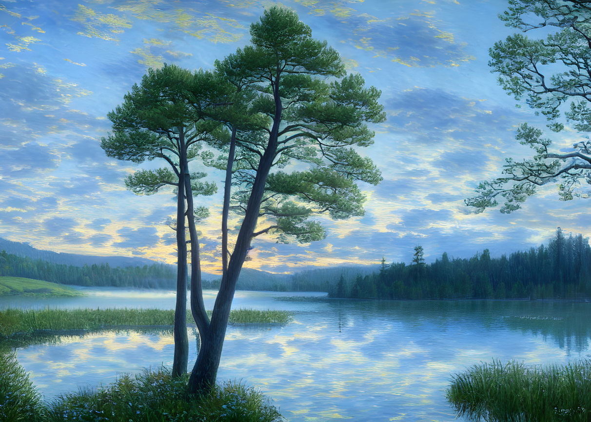 Tranquil lake landscape with lush greenery and sunlit sky