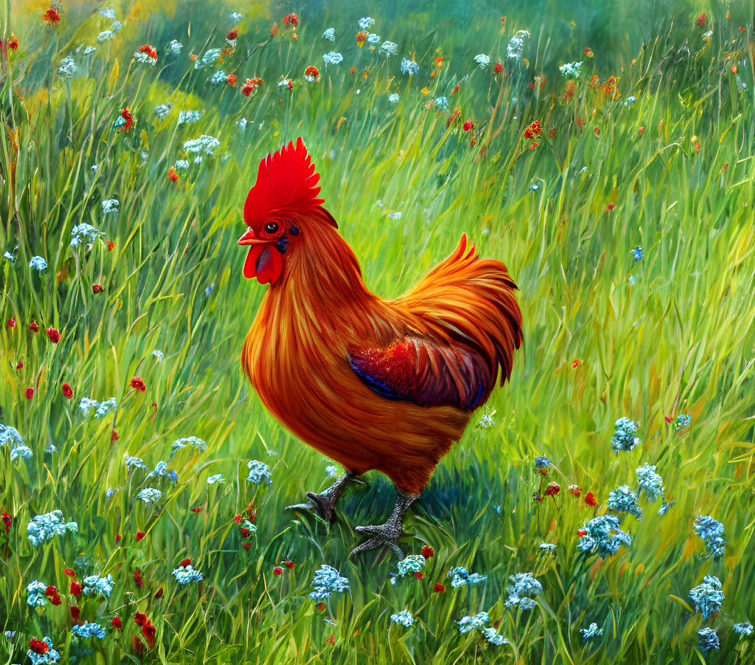 Colorful Rooster in Vibrant Field of Wildflowers and Grass