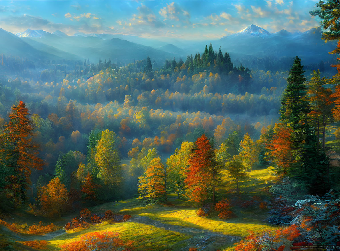 Scenic autumn landscape with green and orange foliage, misty mountains, and clear blue sky