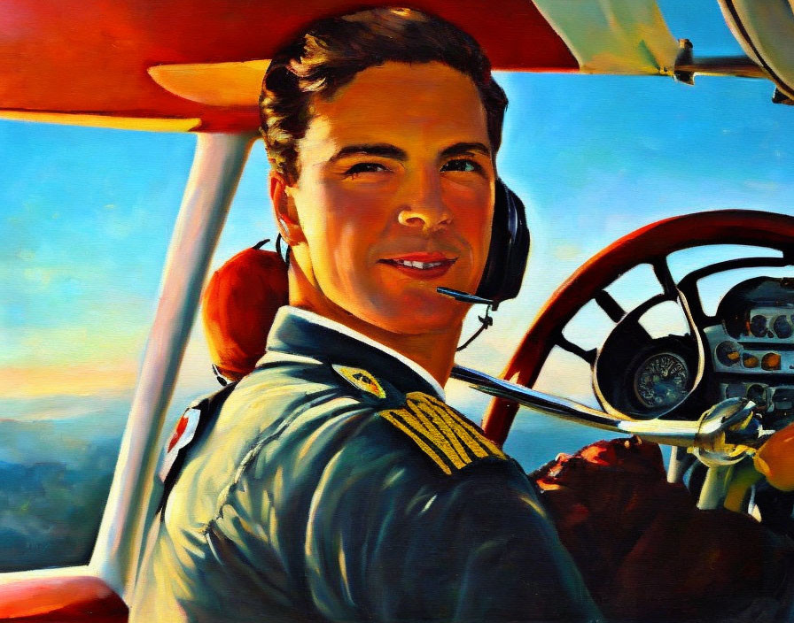 Smiling pilot in uniform in cockpit with clear skies