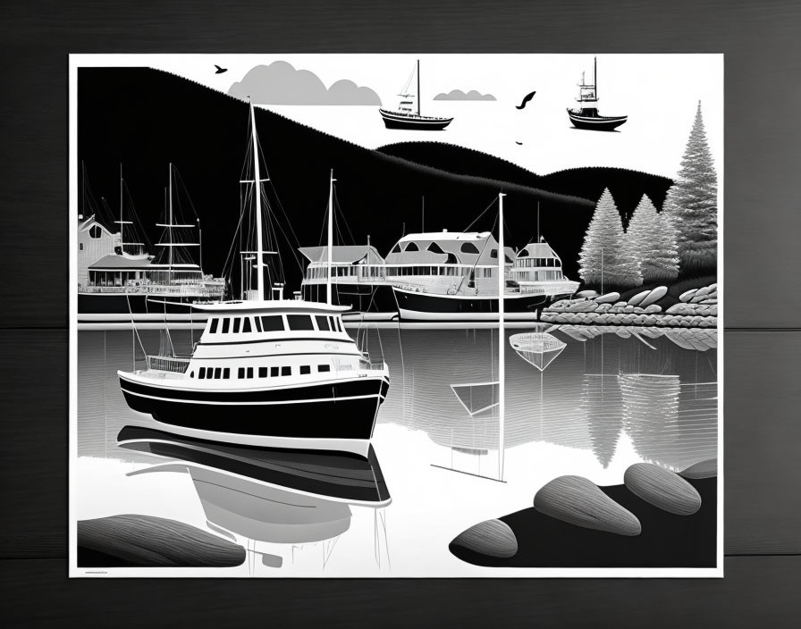 Marina scene with boats, reflections, pine trees, and cloudy sky in monochrome illustration