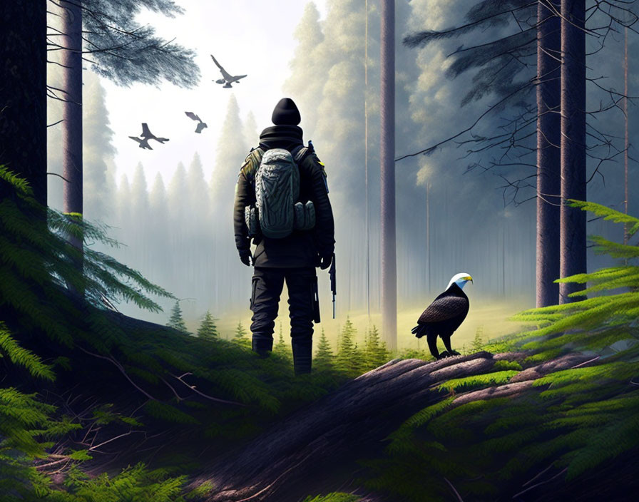 Person with backpack observing eagle in misty forest scene