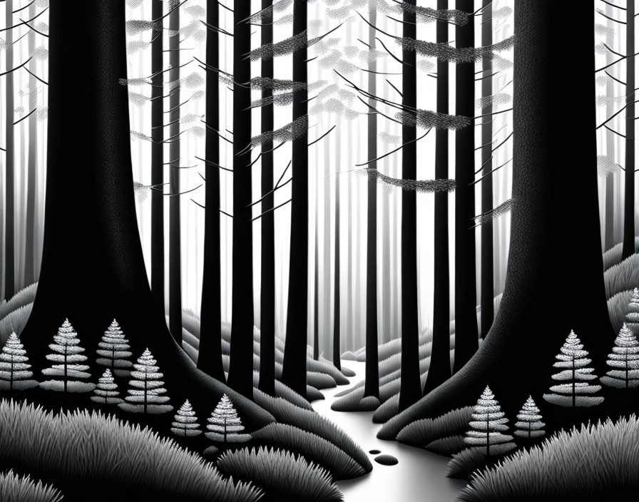 Monochromatic forest painting with black tree trunks and misty background