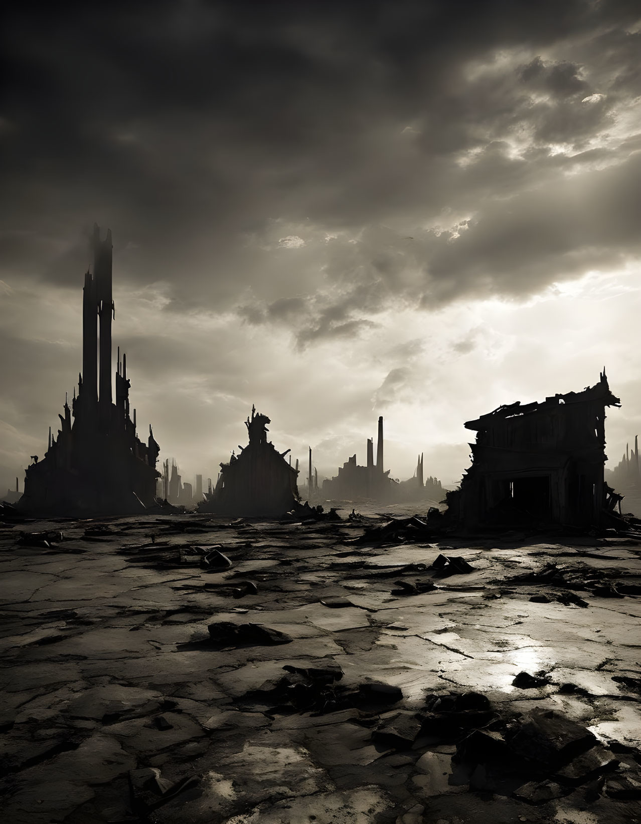 Desolate landscape with destroyed buildings under dramatic sky