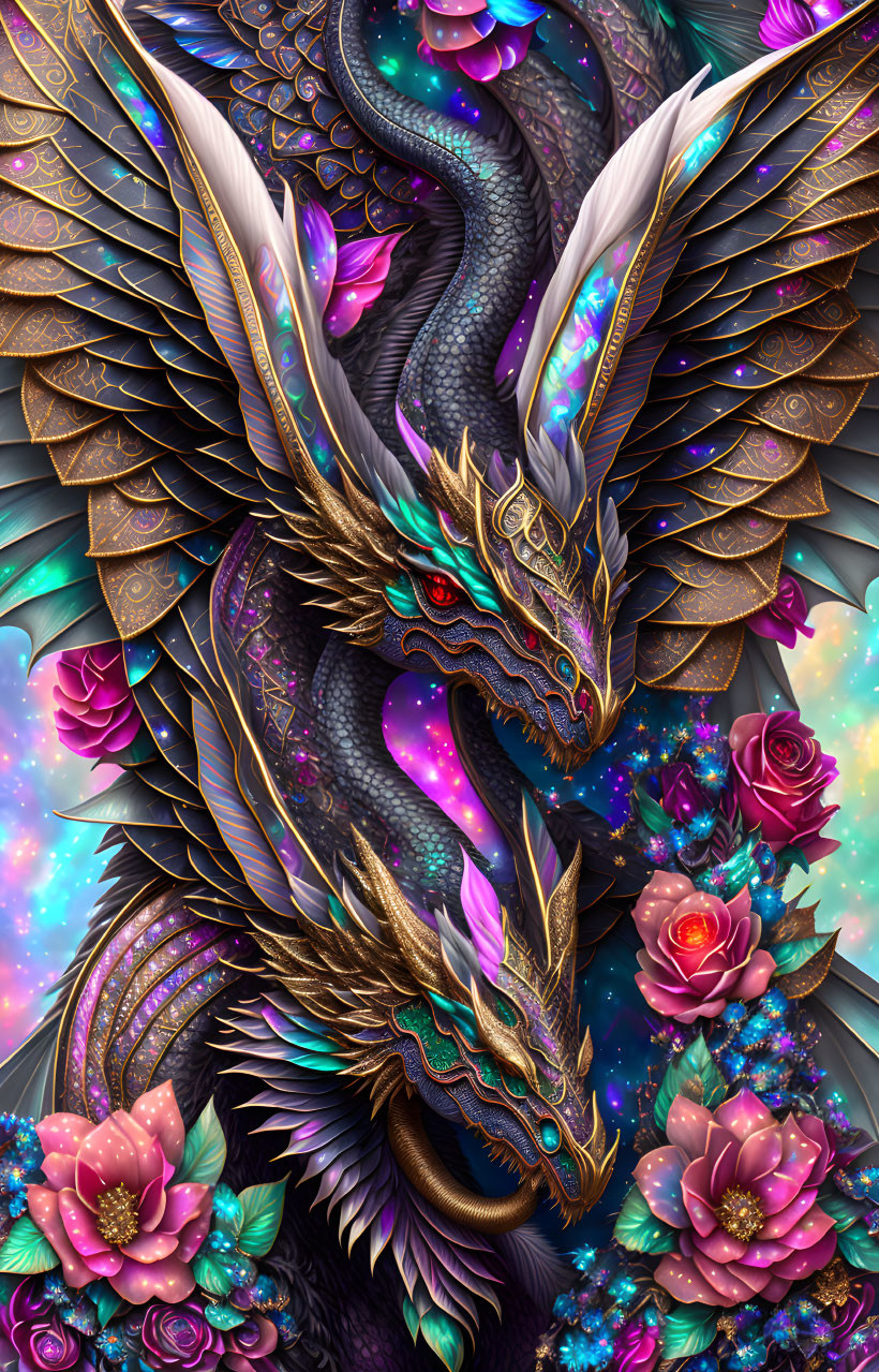 Fantasy dragon with shimmering scales and celestial patterns amidst colorful flowers and cosmic scenery.