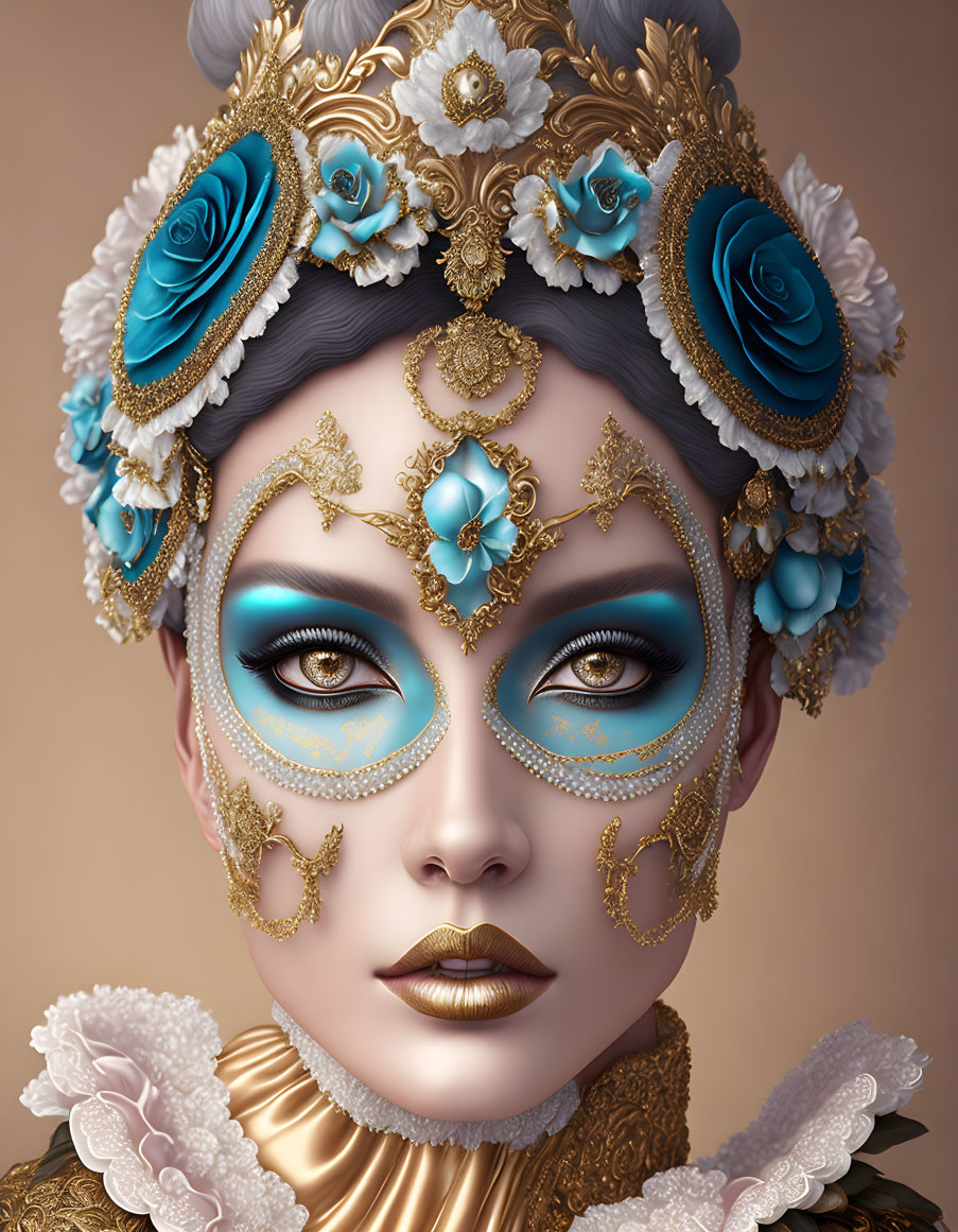 Elaborate Blue and Gold Makeup Portrait with Roses and Designs