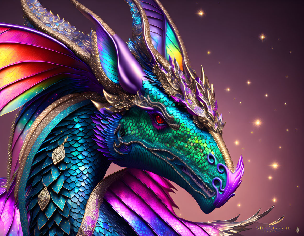 Colorful Dragon Artwork with Crowned Head on Starry Background