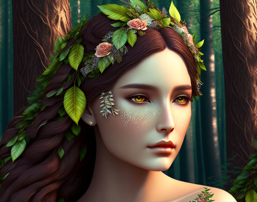 Digital portrait of woman with floral crown and shimmering makeup in forest setting