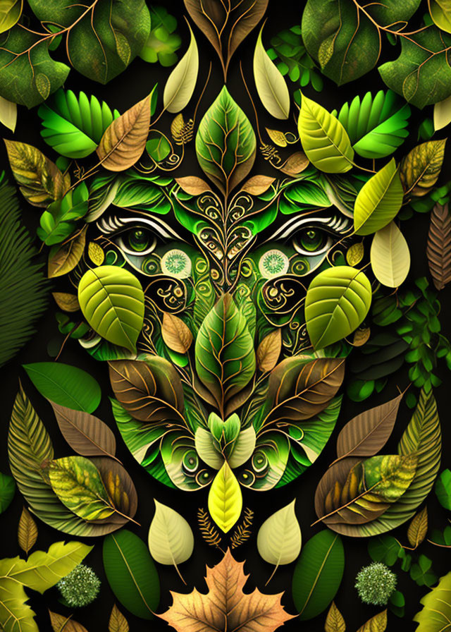 Symmetrical digital art: Woman's eyes in green, gold, and brown leaf pattern