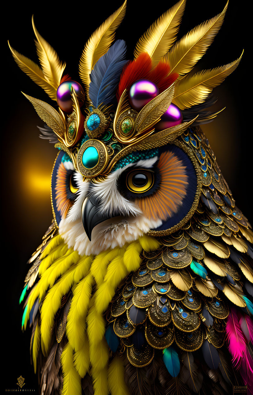 Digital Owl with Jeweled Feathers and Crown on Dark Background