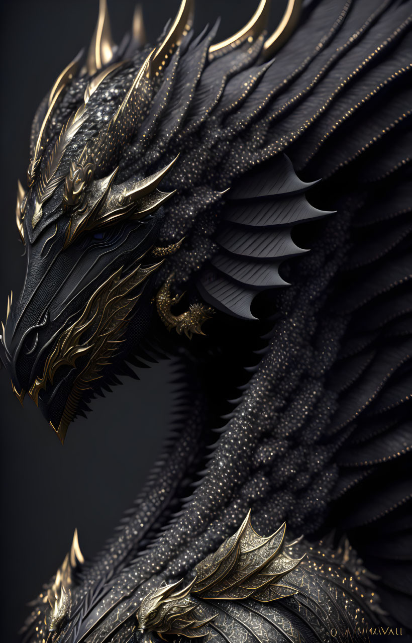 Detailed Black Dragon with Golden Accents and Sharp Horns