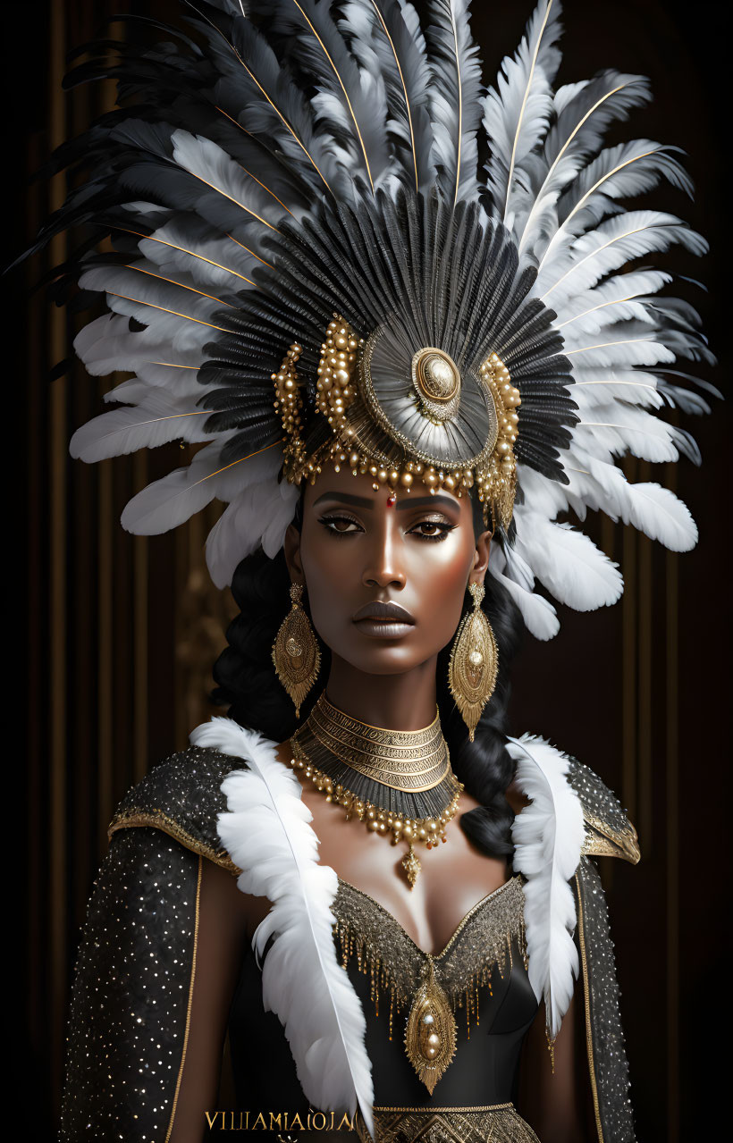 Woman in Elaborate Headdress with White Feathers and Gold Ornaments