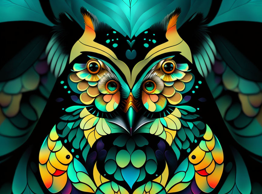 Colorful Stylized Owl Art with Intricate Patterns and Prominent Eyes